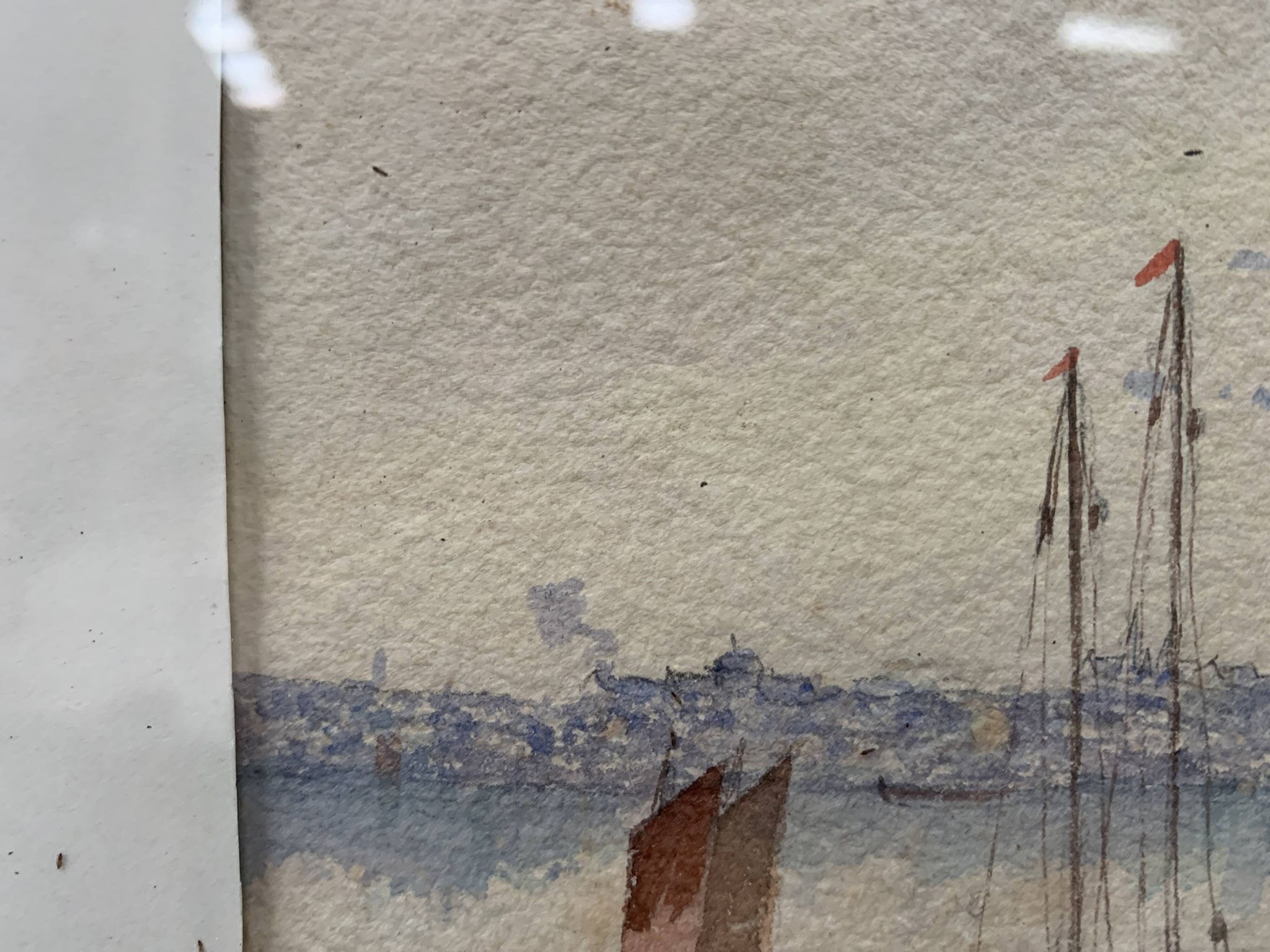 Marine watercolor "Sailboat at sea and stranded on the beach" 20th century