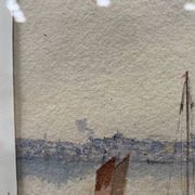 Marine watercolor "Sailboat at sea and stranded on the beach" 20th century