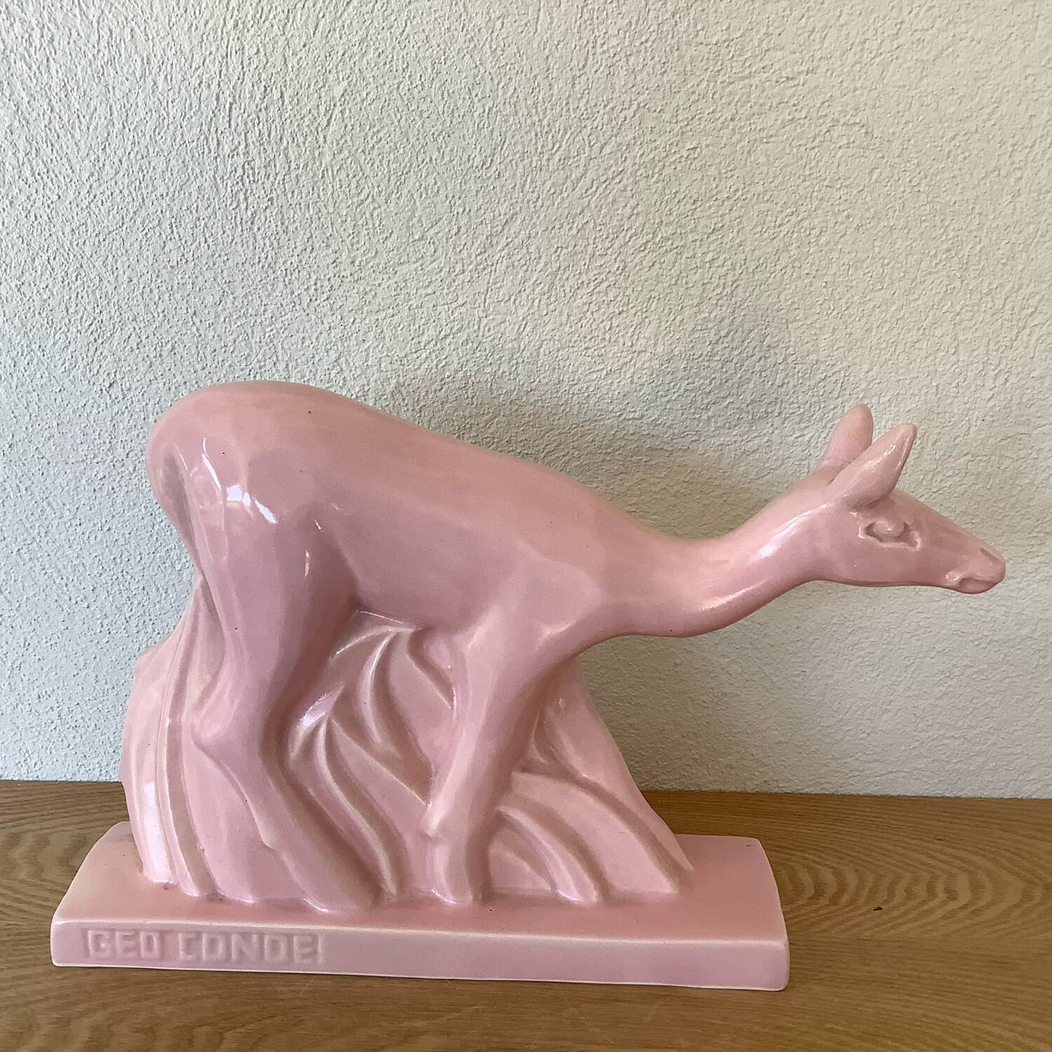 Pink doe sculpture geo conde saint clement earthenware france 1930 art deco