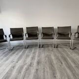 Set of 6 Uno chairs in grey leather on tubular chrome cantilevered frames