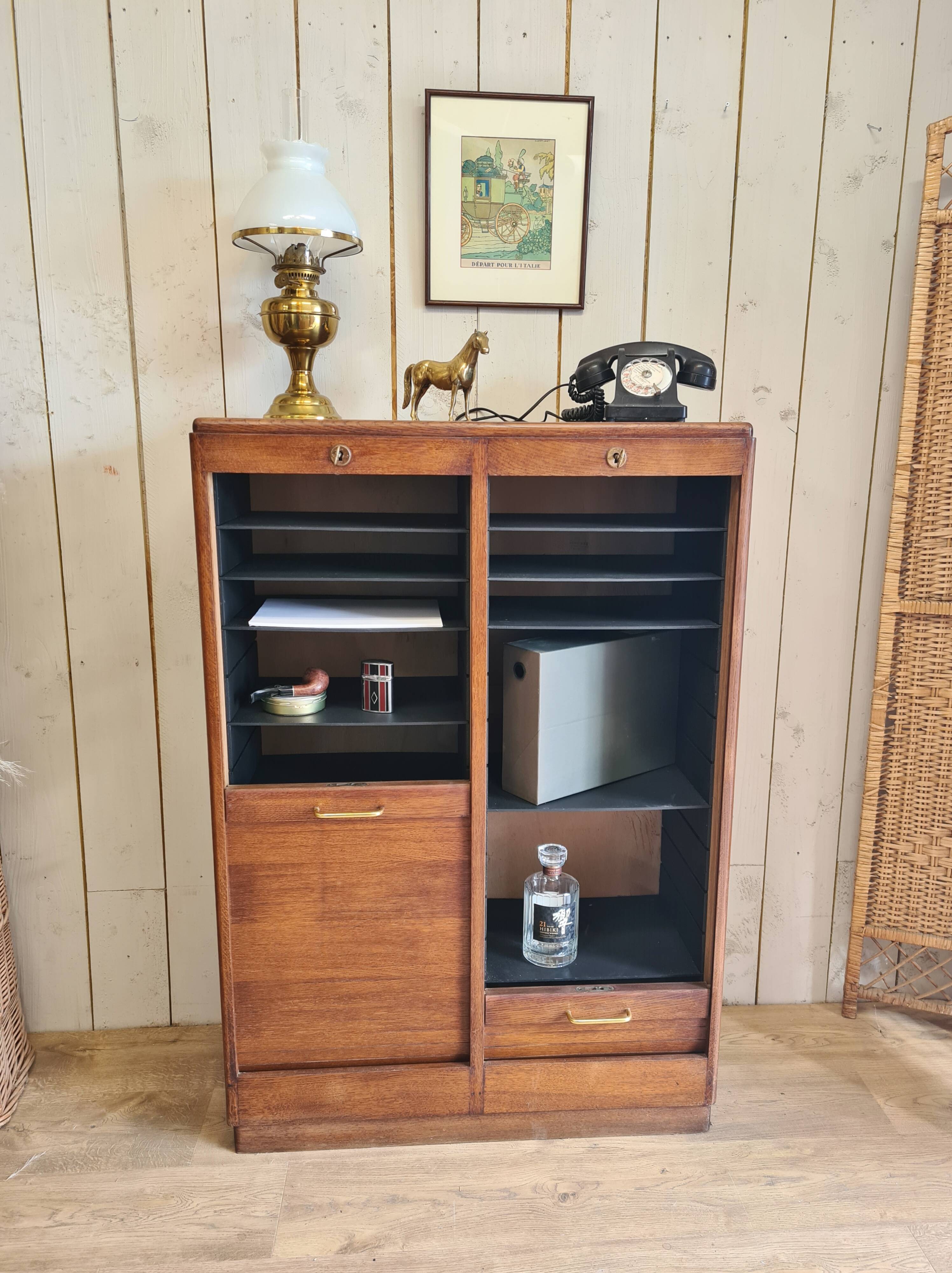 Renovated 1977 oak filing cabinet with double curtain