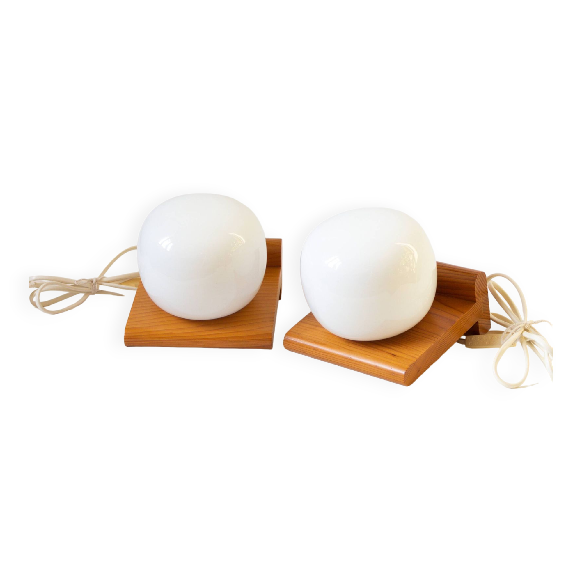 Pair of pine and opaline wall lights, 70s/80s