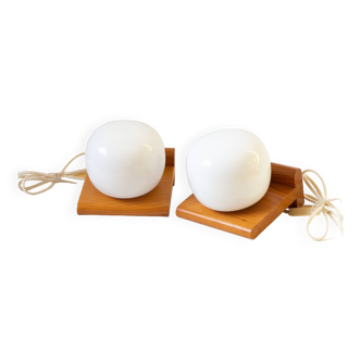 Pair of pine and opaline wall lights, 70s/80s