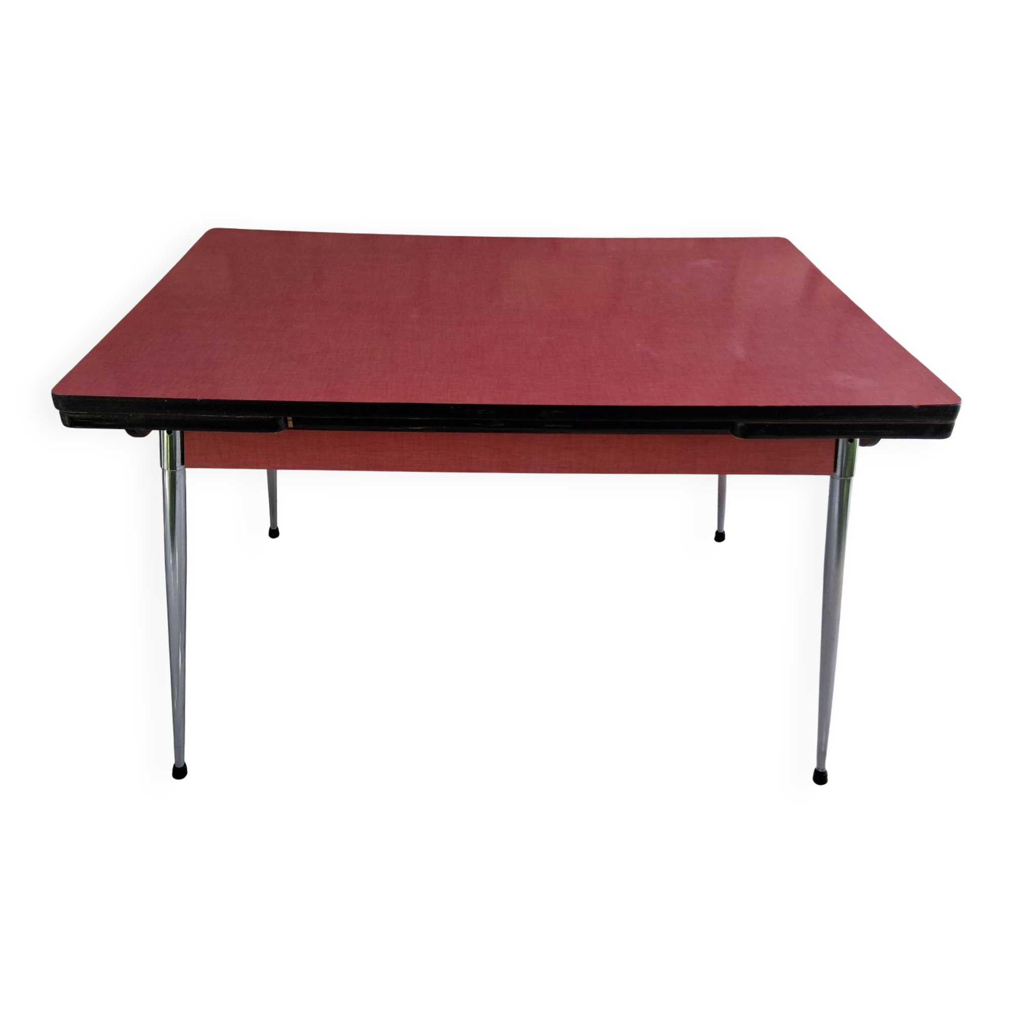 Table de cuisine vintage en formica framboise – 2 tiroirs & 2 rallonges – a