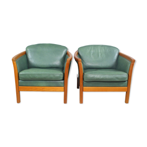 Fauteuils en cuir vert vintage