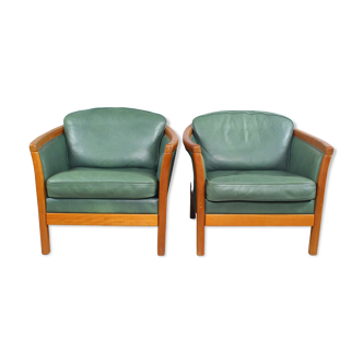 1970s vintage green leather chairs | set of 2