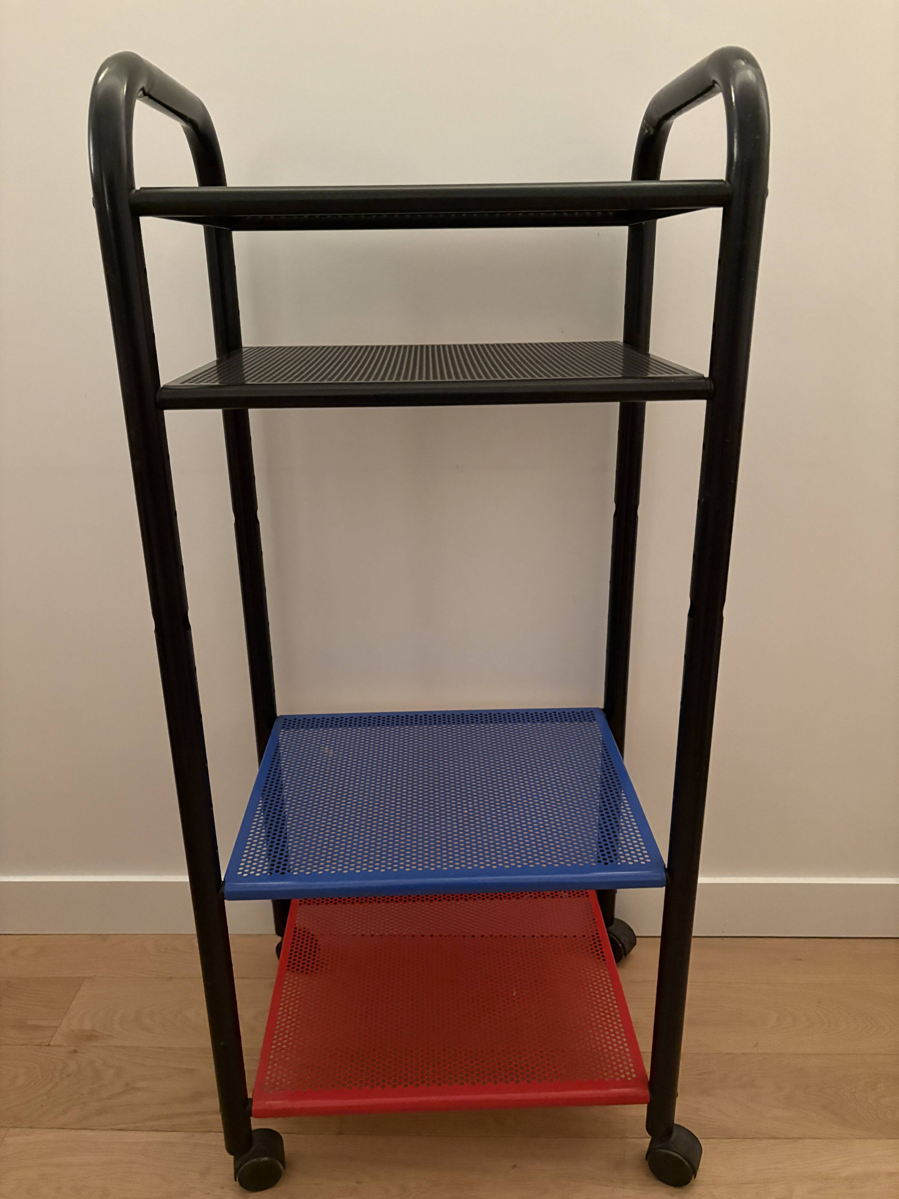 Vintage 4-tier perforated metal serving cart on wheels, 1980s style