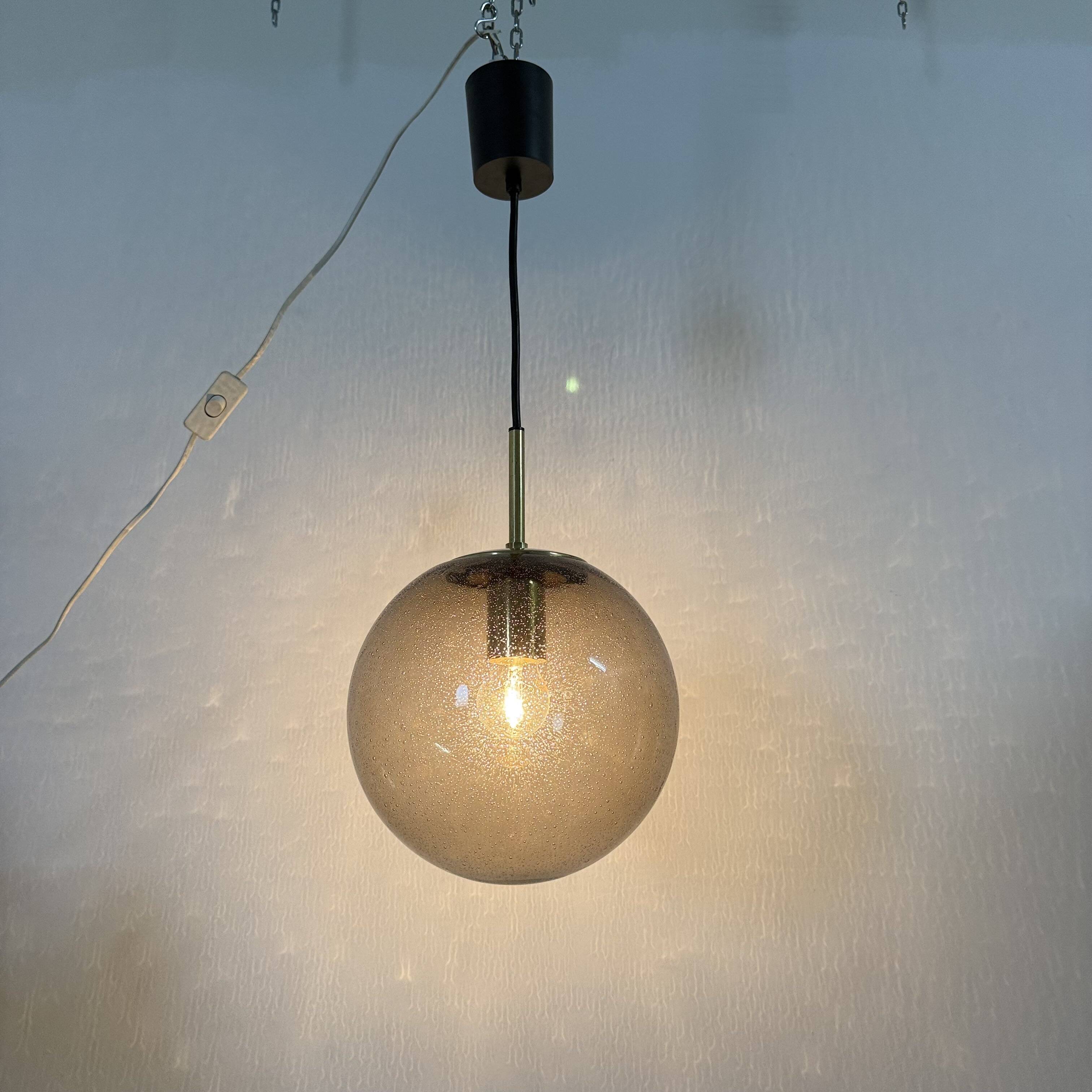 Limburg Glashütte brass smoked glass ball pendant hanging lamp , 1970s