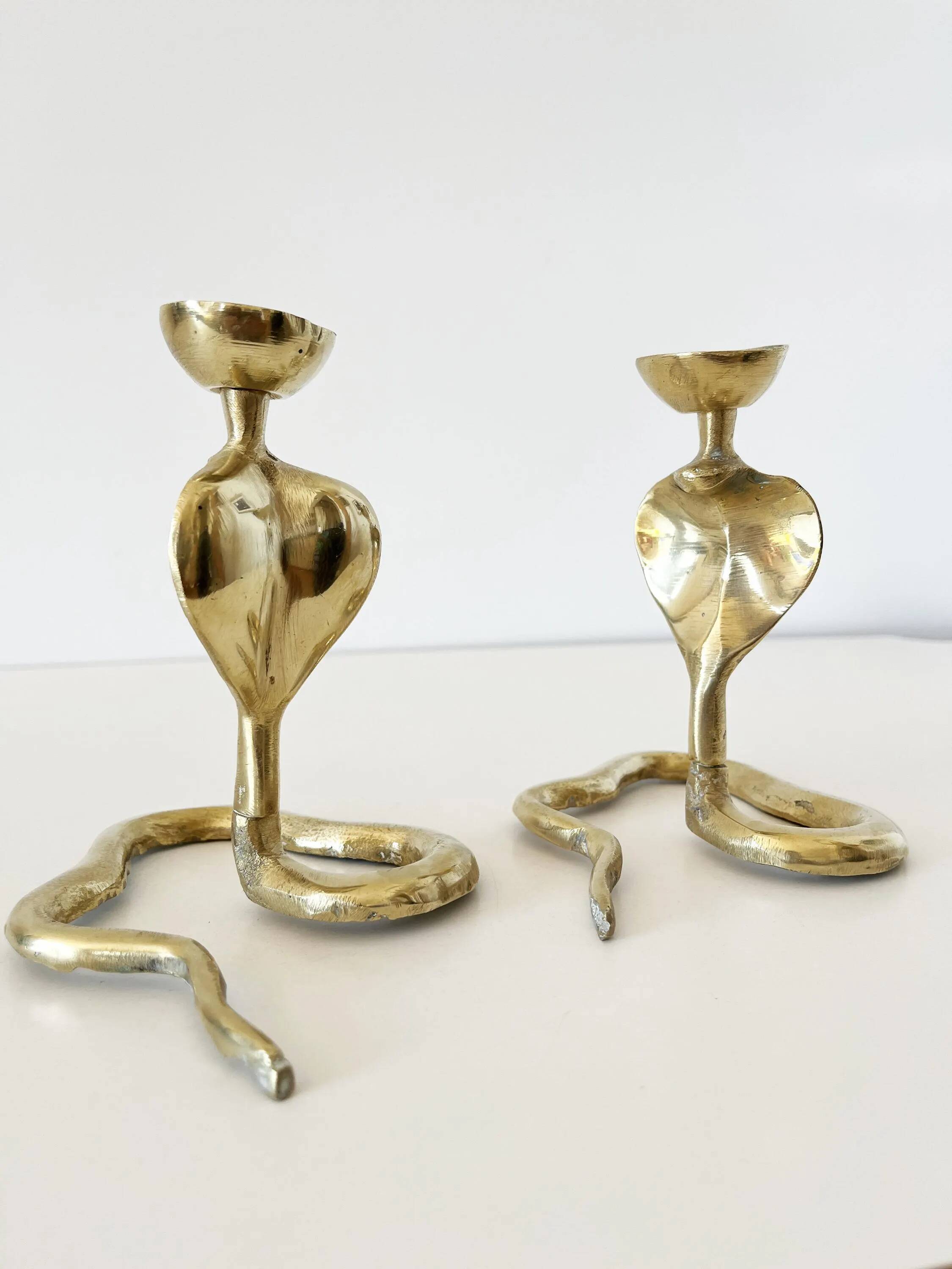 Pair of vintage brass snake candlesticks