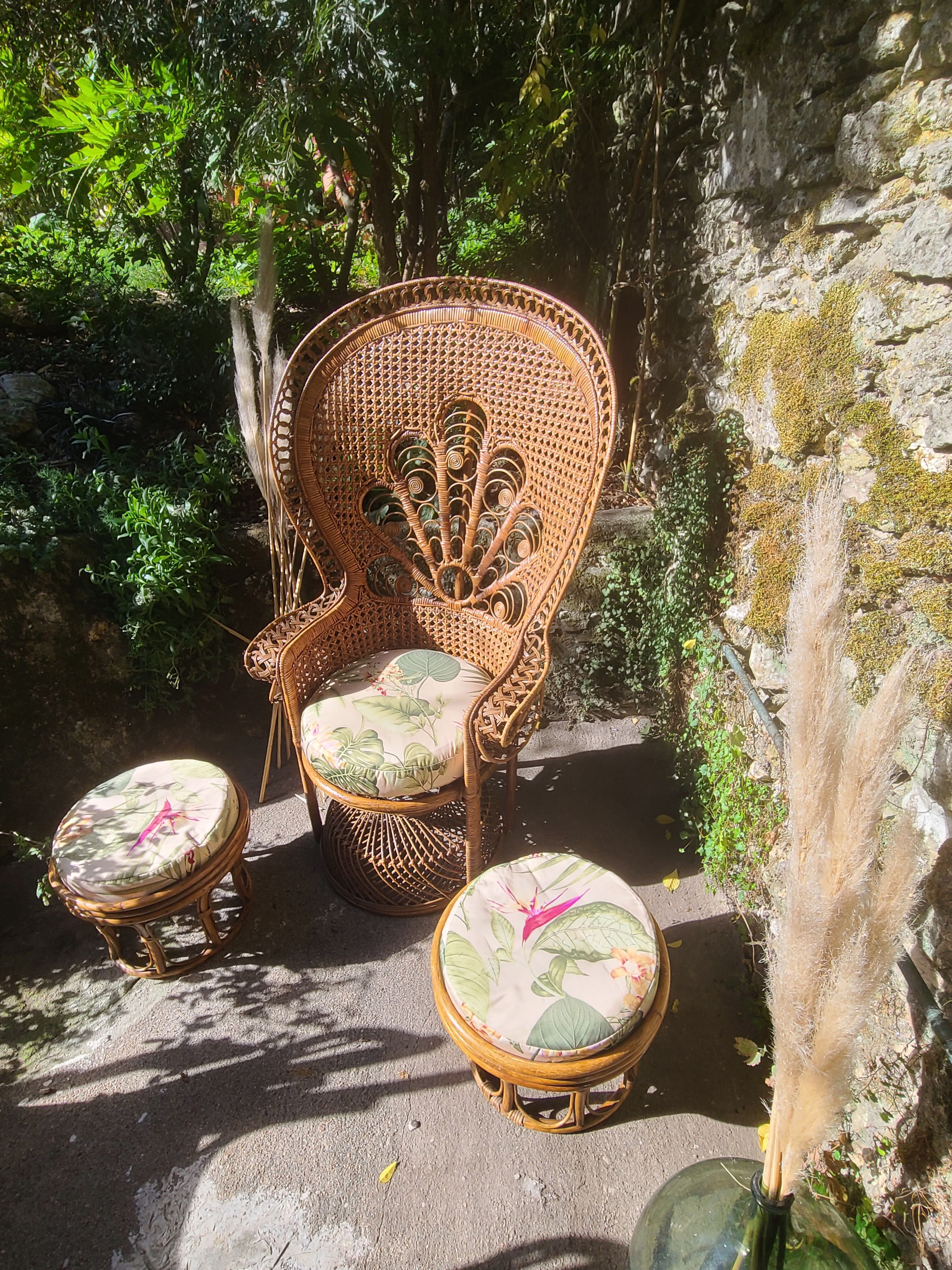 Fauteuil emmanuelle vintage et 2 poufs