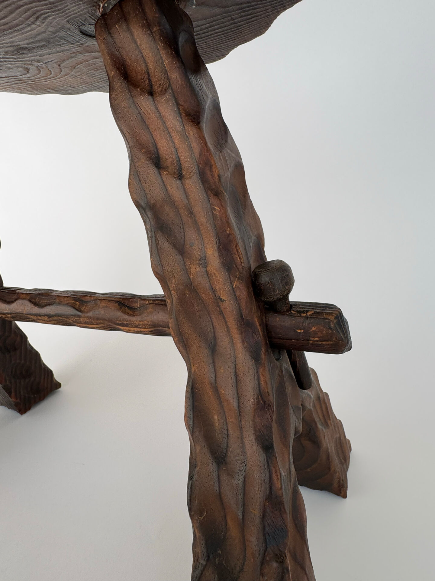 Vintage Brutalist Hand Carved Wooden Stool