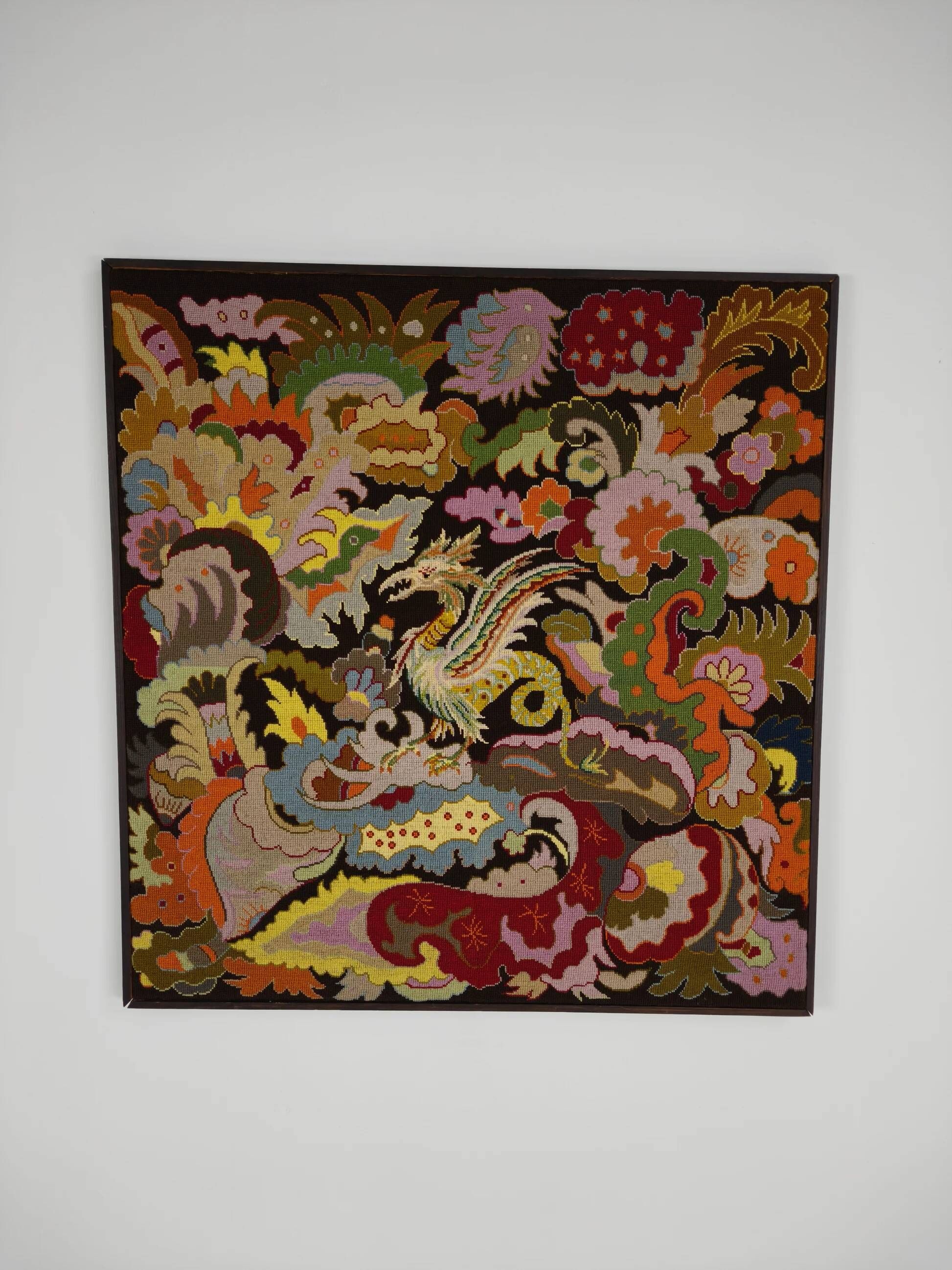 Original French hand-embroidered textile – Griffin & floral design – c.1930–1940