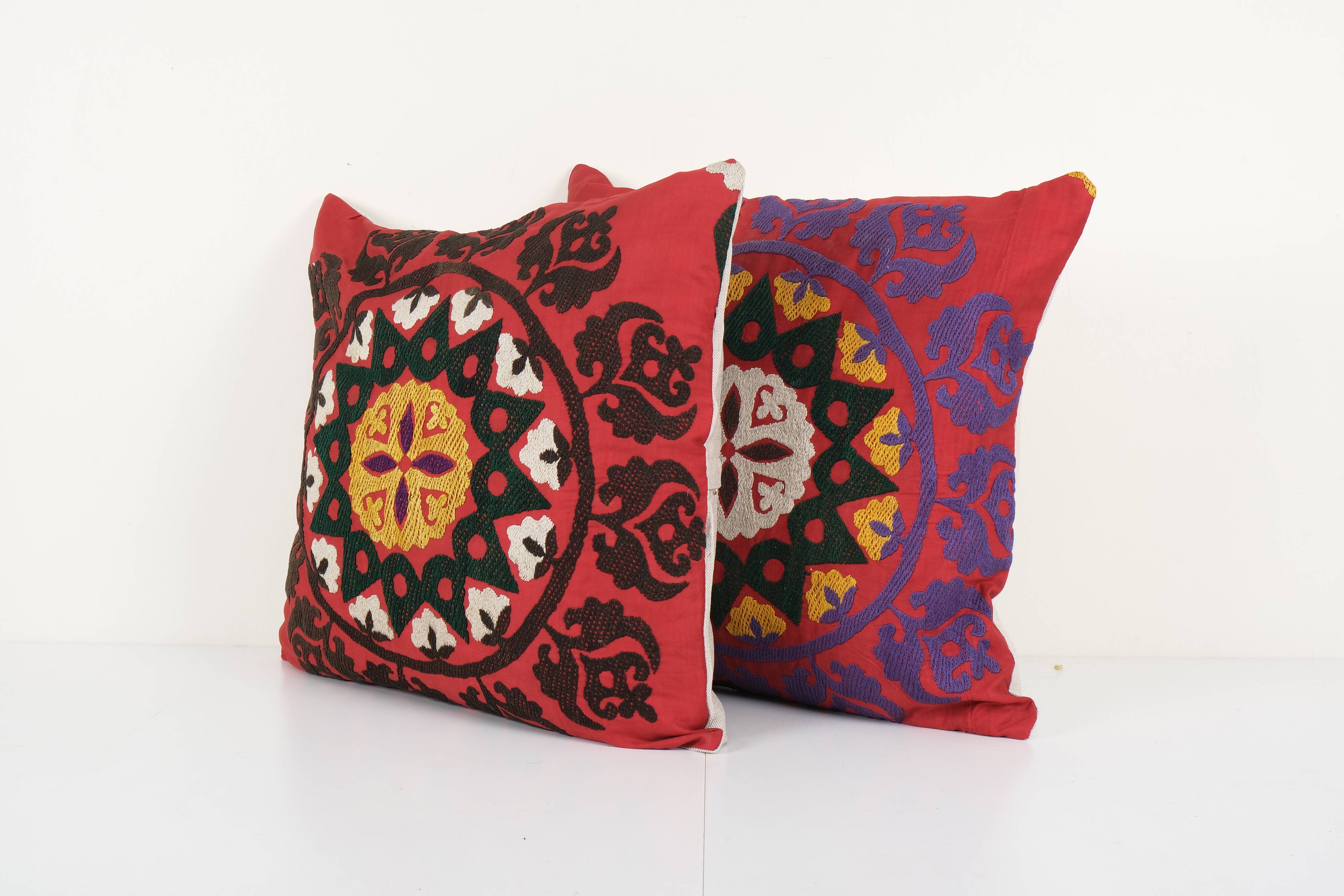 Red tashkent suzani square matching pillow cases
