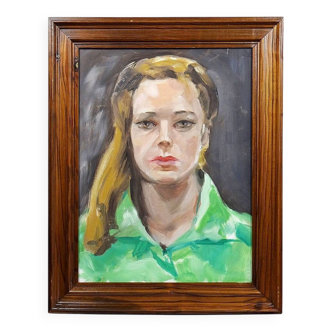 Portrait "La Femme en vert" vintage huile sur carton entoilé encadrée