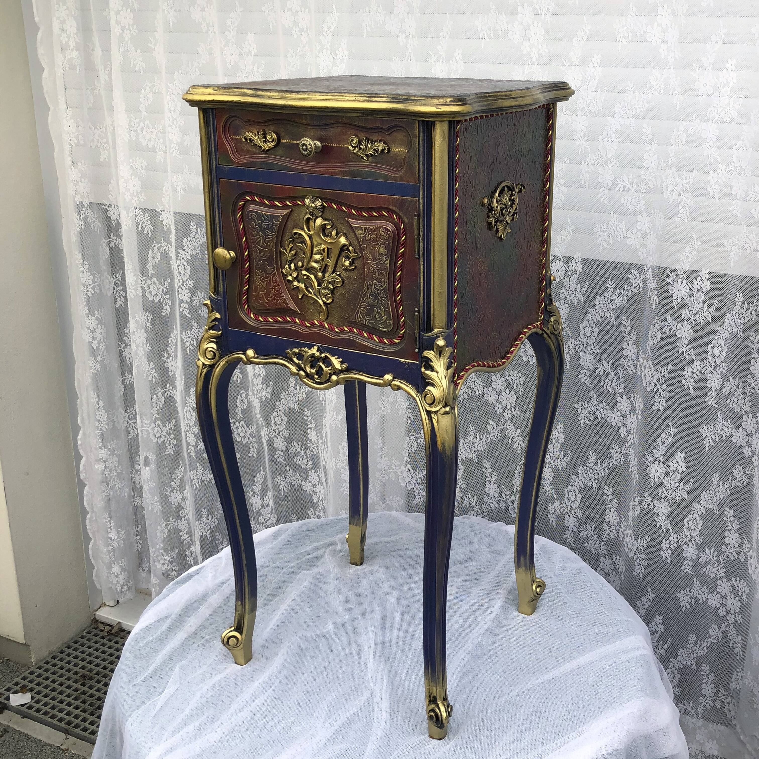 Classic revamped furniture – decorative blue and gold bedside table