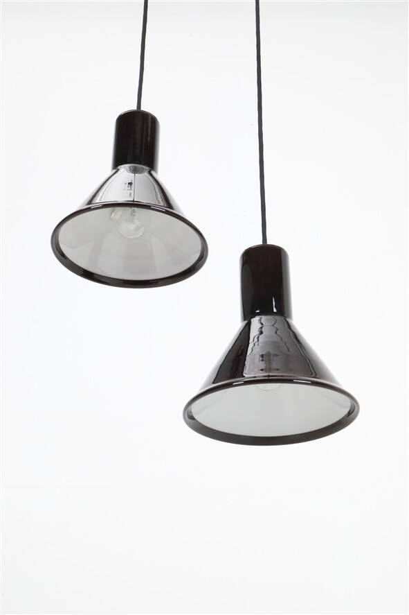 Set of 2 Holmegaard / Michael Bang 'Mini P&T' pendant lamps / handmade glass / red / black / 1970s