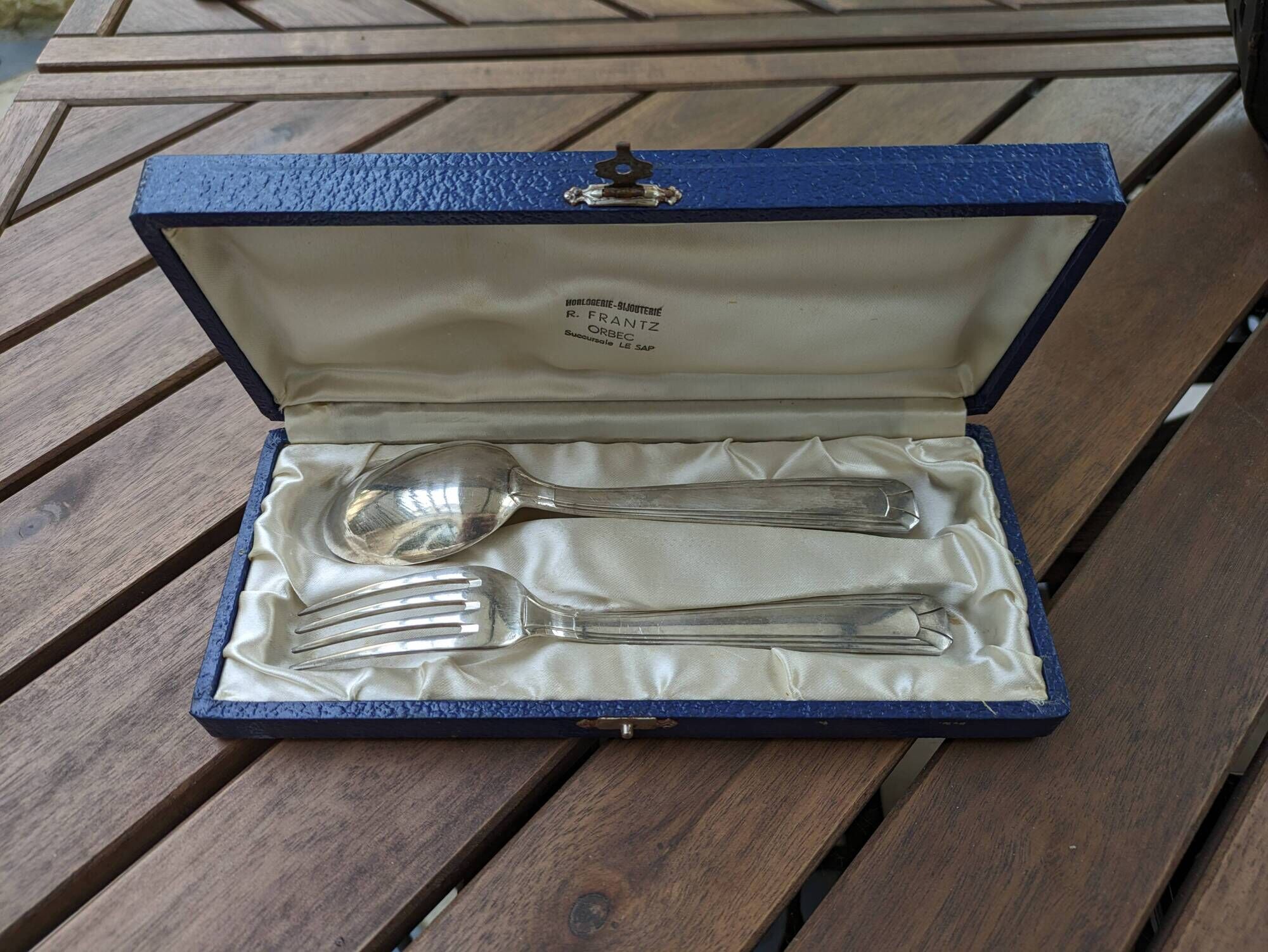 Antique silver plated fork and spoon in box 60g