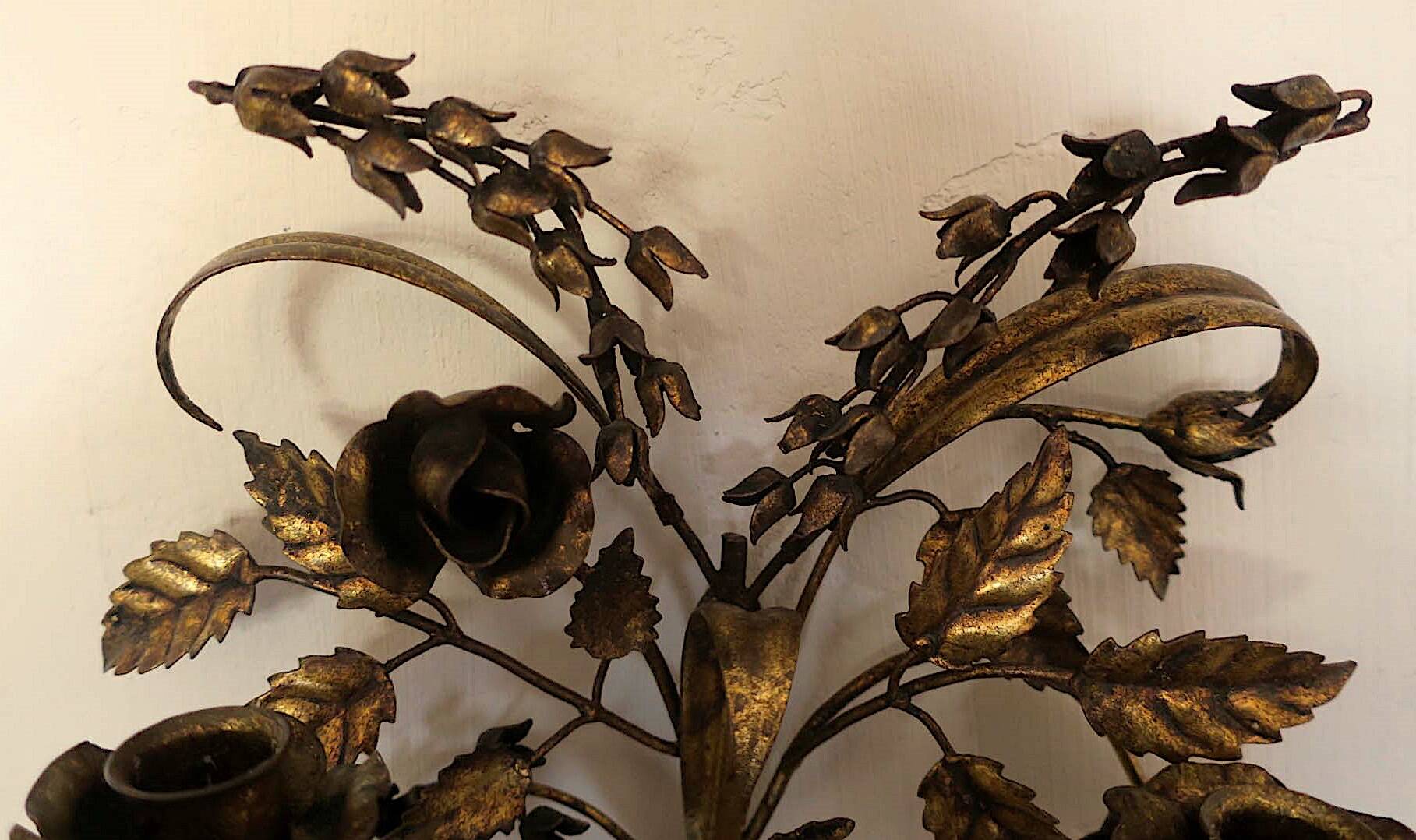 Pair of gold plated wall double candleholders with roses by Hans Kögl, 1960