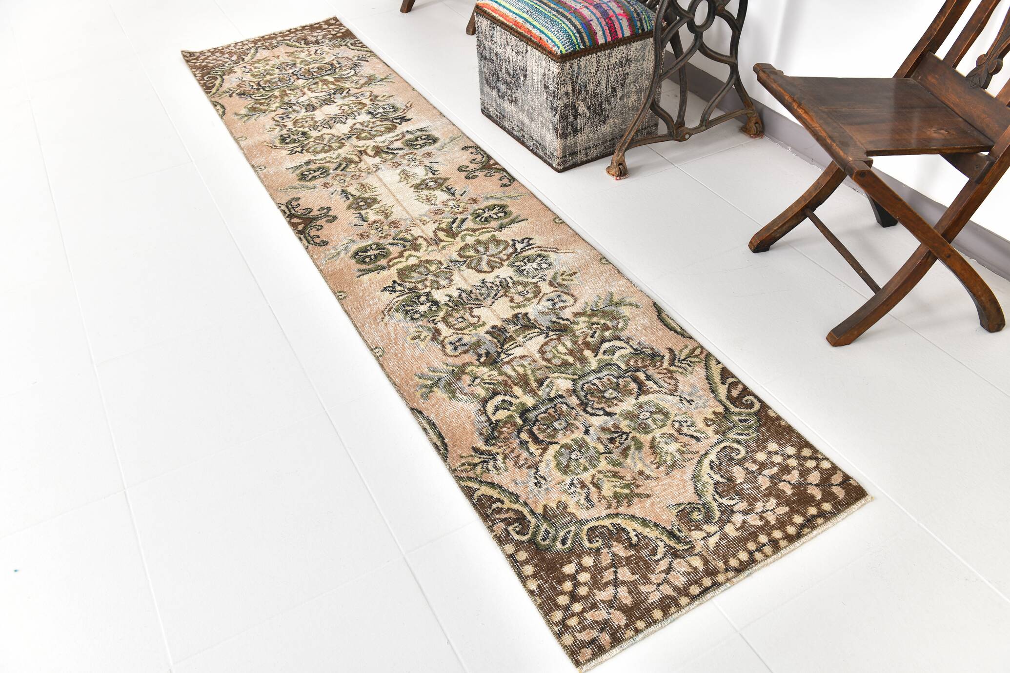 2x9 Rug For Floral Green Turkish Vintage Runner Rug, 64x279Cm SKU 24965