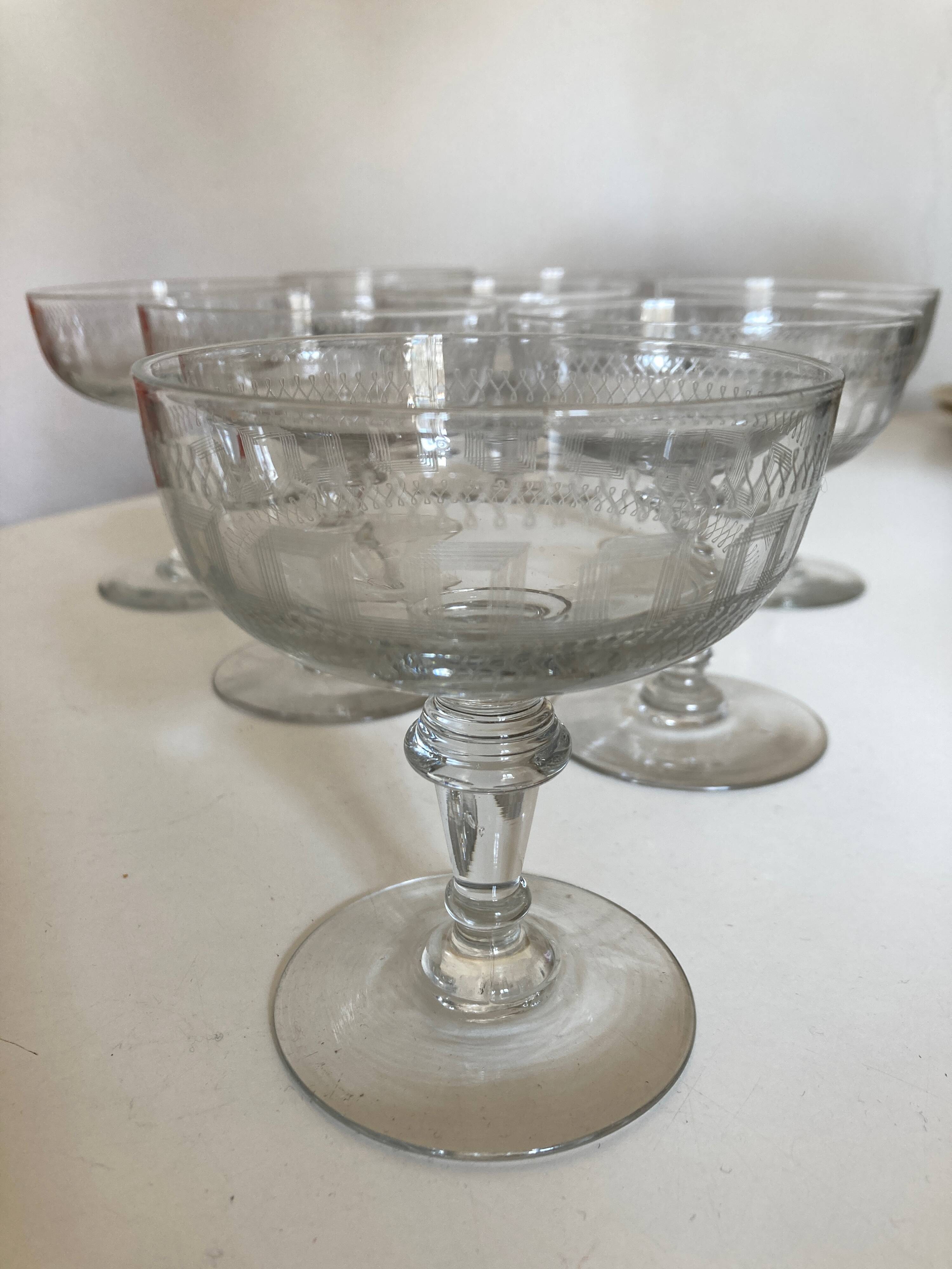 set of 8 neo classic engraved half crystal champagne glasses 1900