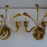 Pair of golden metal wall lights with vintage foliage flower decor