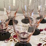 8 pink art deco wine or water glasses with black stem