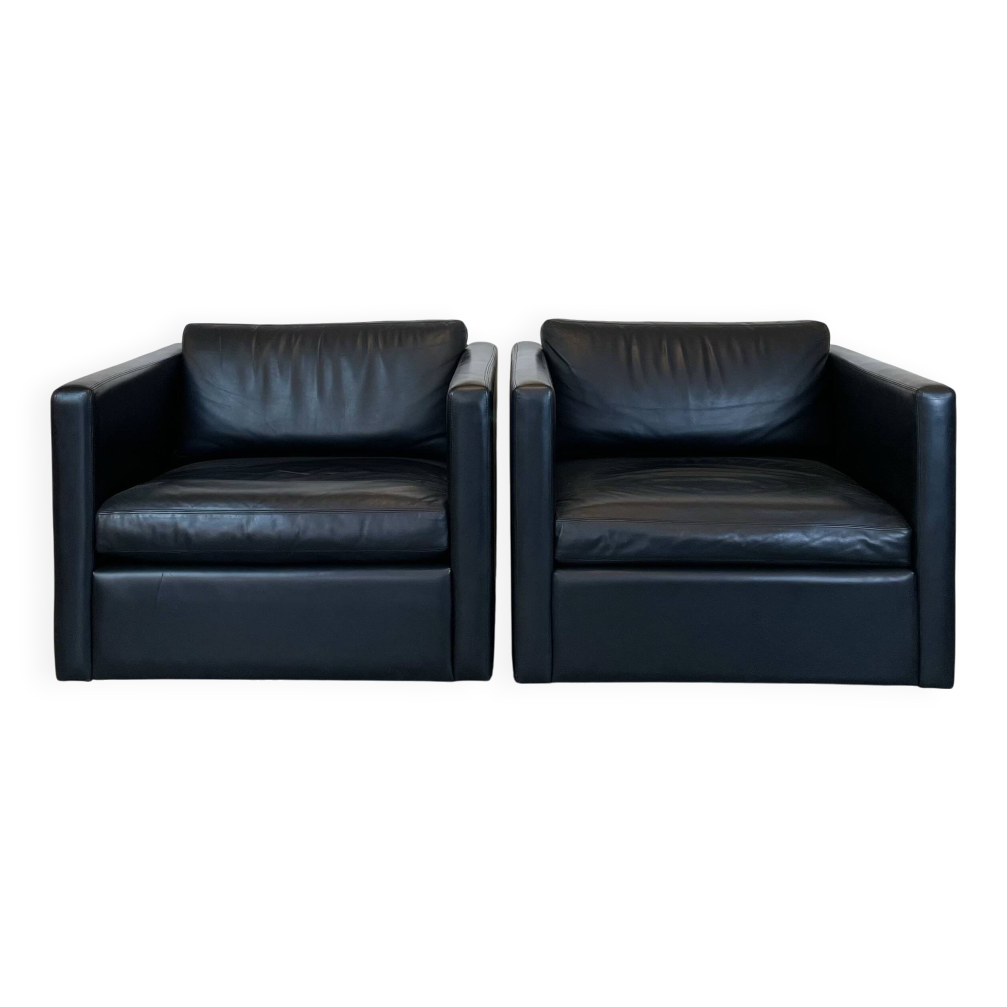 Pair of Black Leather Cube Club-Chairs by Charles Pfister for Knoll, 1980s