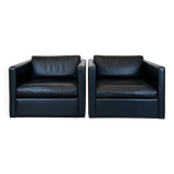 Pair of Black Leather Cube Club-Chairs by Charles Pfister for Knoll, 1980s