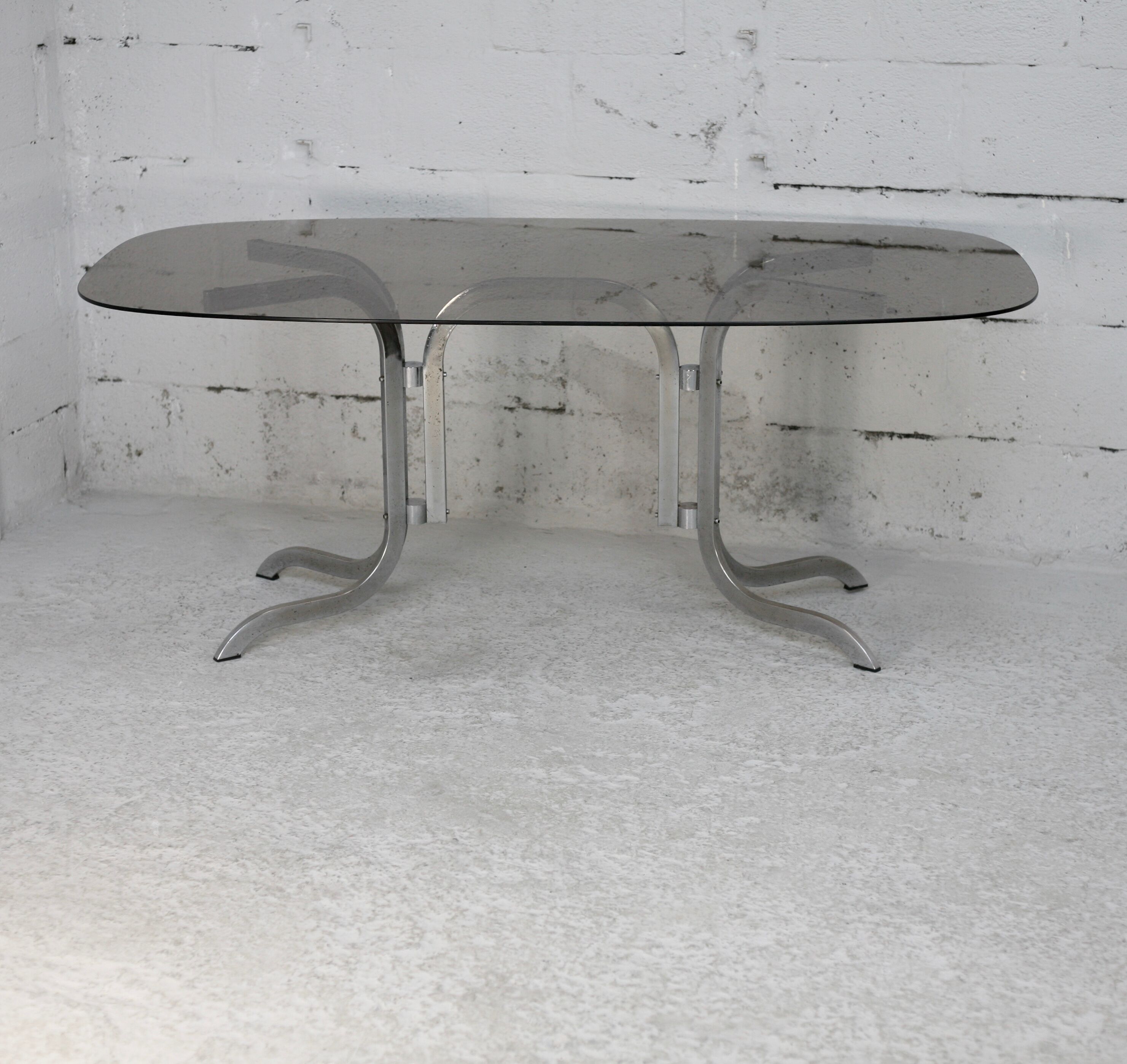 Table chrome steel smoked glass slab. France, circa 1970