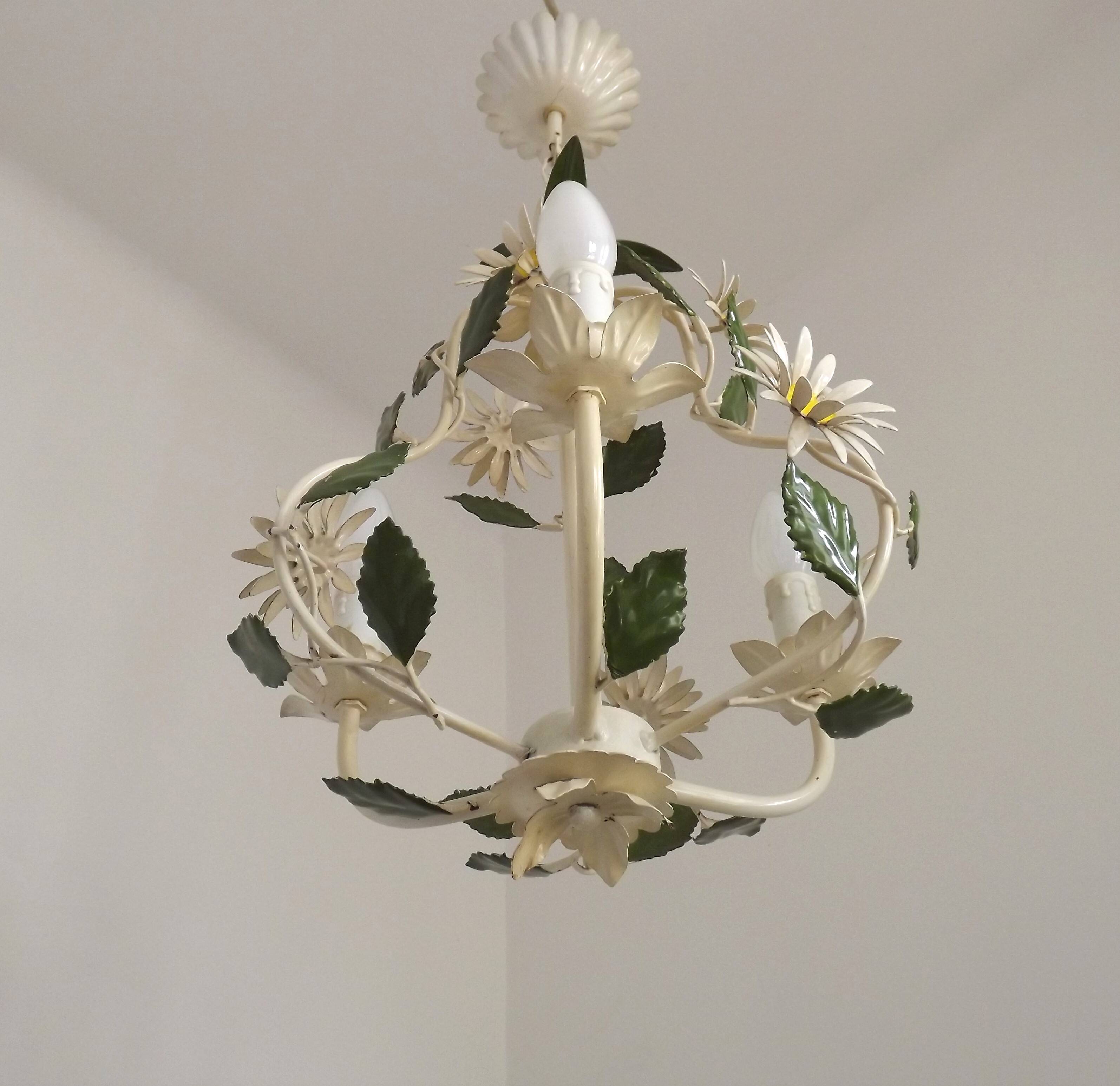 French Vintage 3 Light Daisy Flower Metal Cage Chandelier