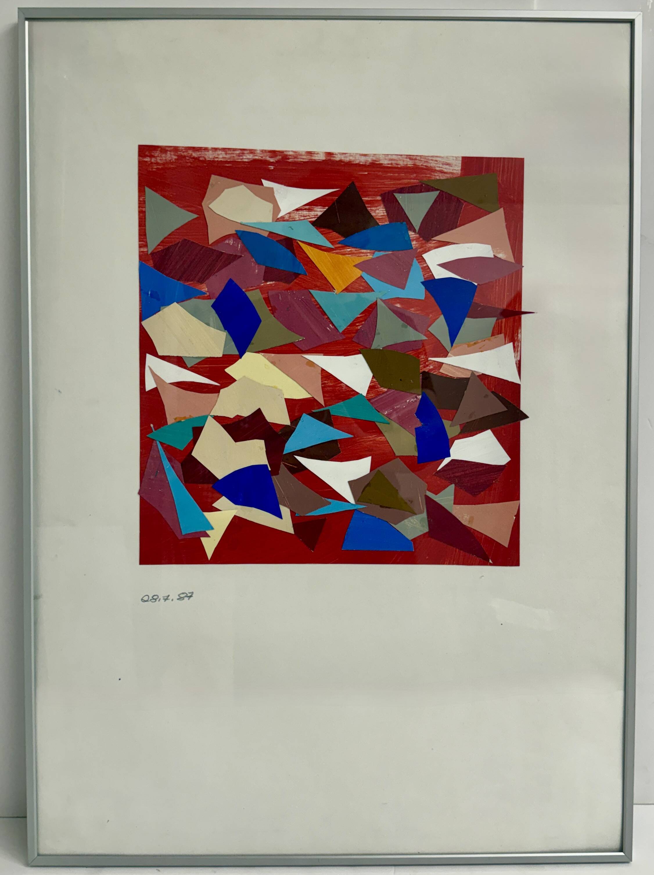 Helmut Dittmann – Geometric Abstract Collage, Vivid Multicolour on Red 1987