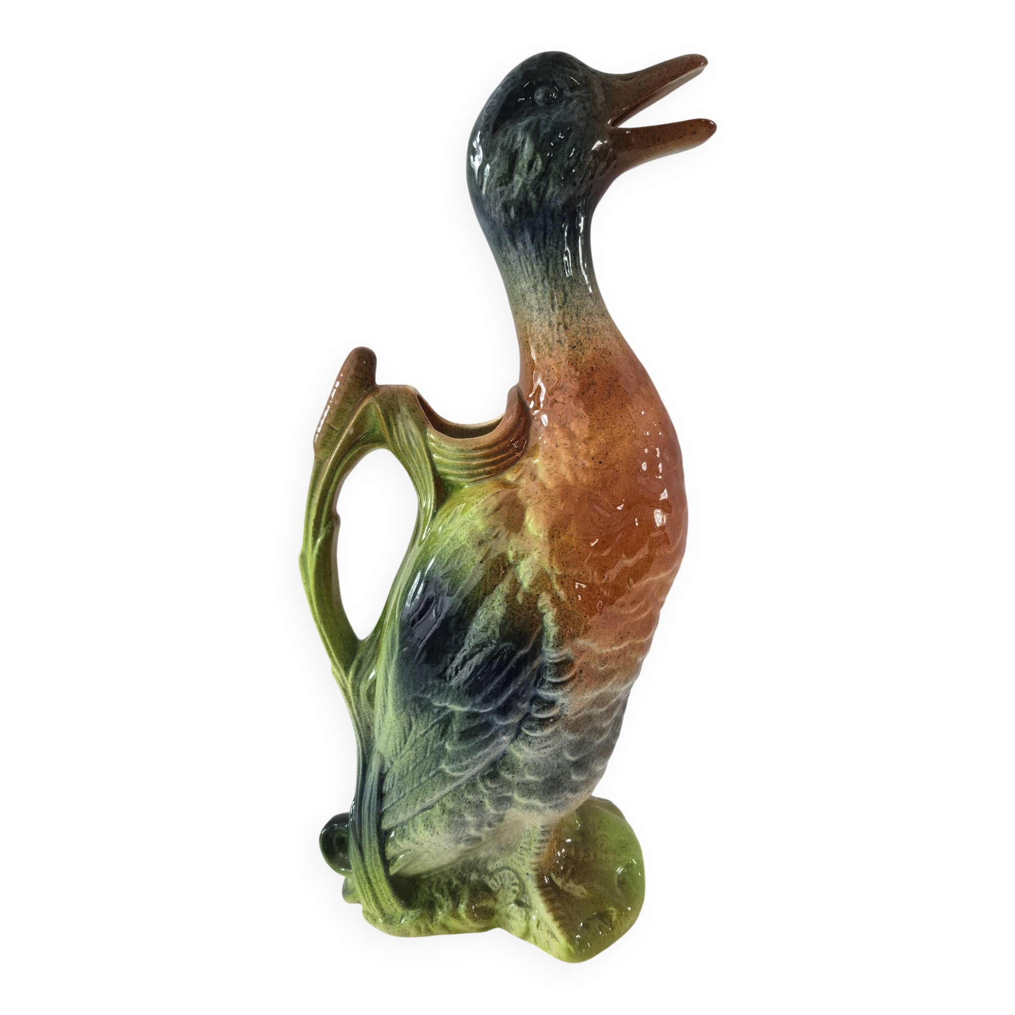 Old barbotine jug Saint Clément Mallard Duck A027