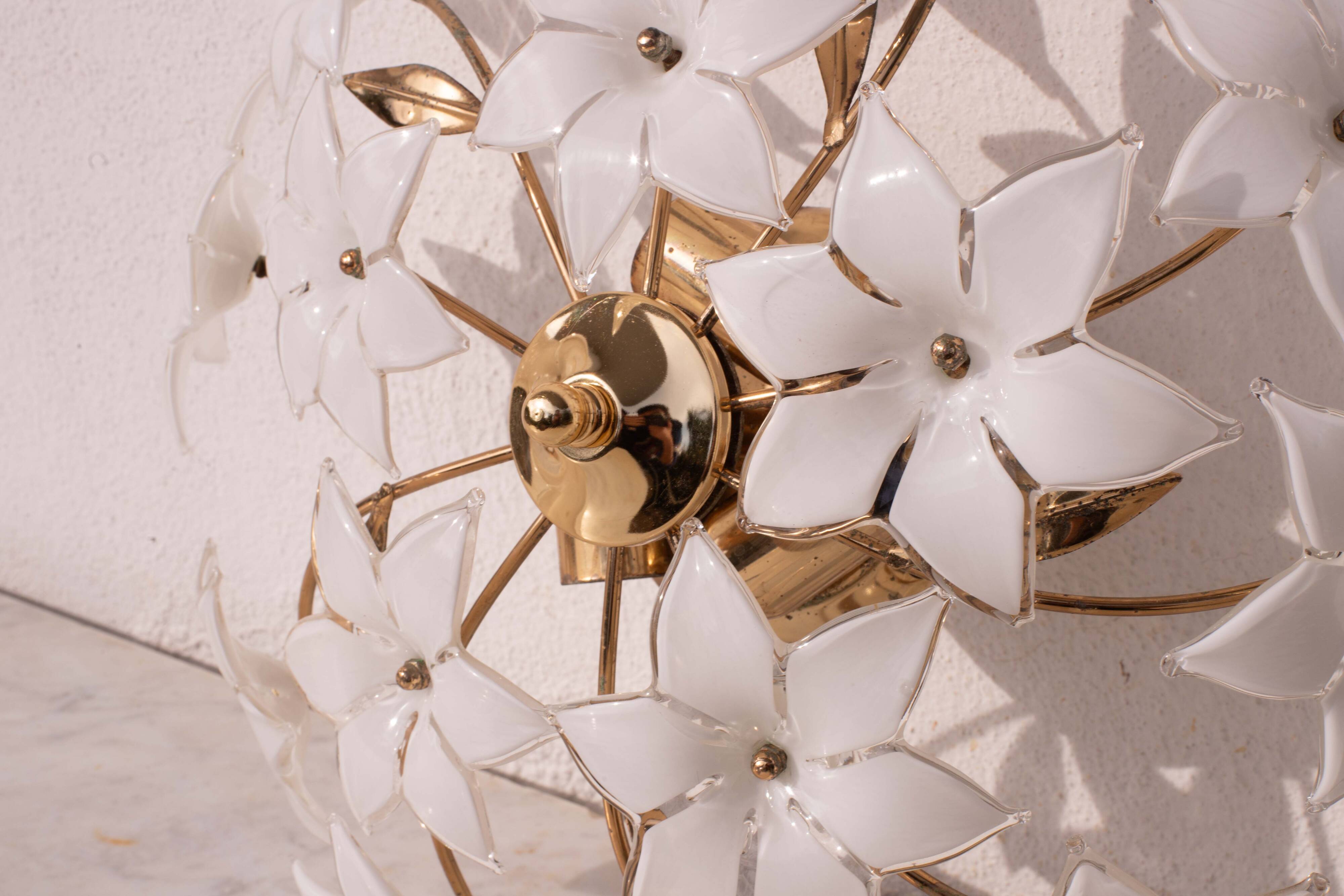 Charming Vintage Murano Ceiling Light White Flowers, 1960s