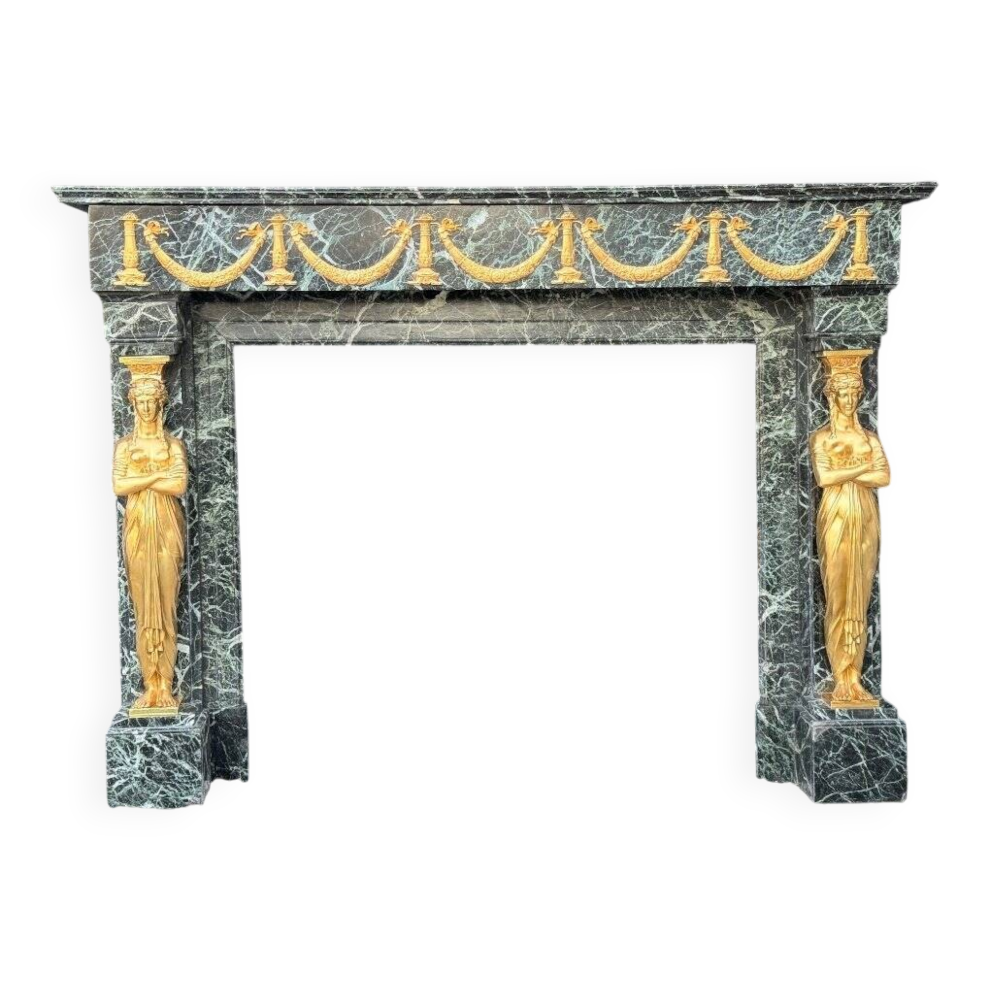 Empire style fireplace in antique green marble and gilded bronzes circa 1880