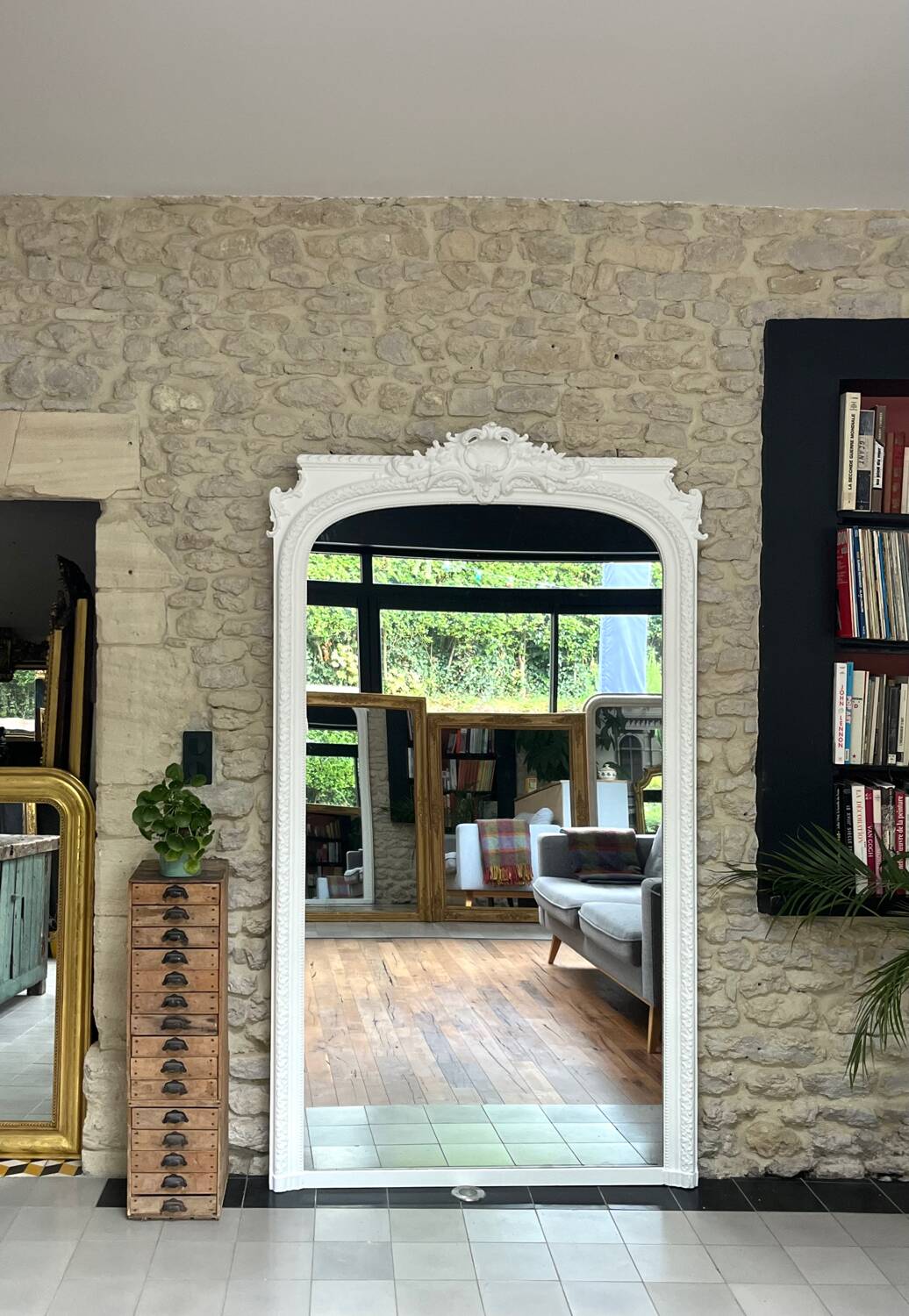 Antique white mirror 218.5cm/123.5cm Napoleon III period fireplace mirror