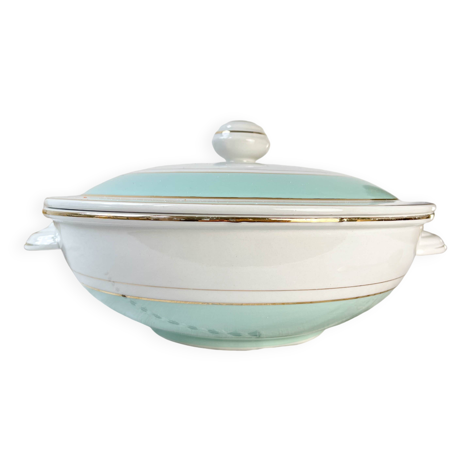 Vintage white and green porcelain tureen, Luneville, Epinay, France, 1950s
