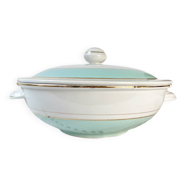 Soupière porcelaine vintage blanche verte luneville epinay france 1950s