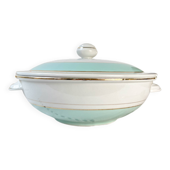 Vintage white and green porcelain tureen, Luneville, Epinay, France, 1950s