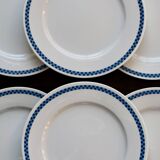 6 vintage Lustucru porcelain plates with a blue checkerboard pattern