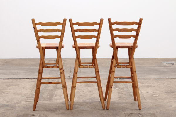 Bar brutaliste en bois avec 3 chaises de bar, 1970s