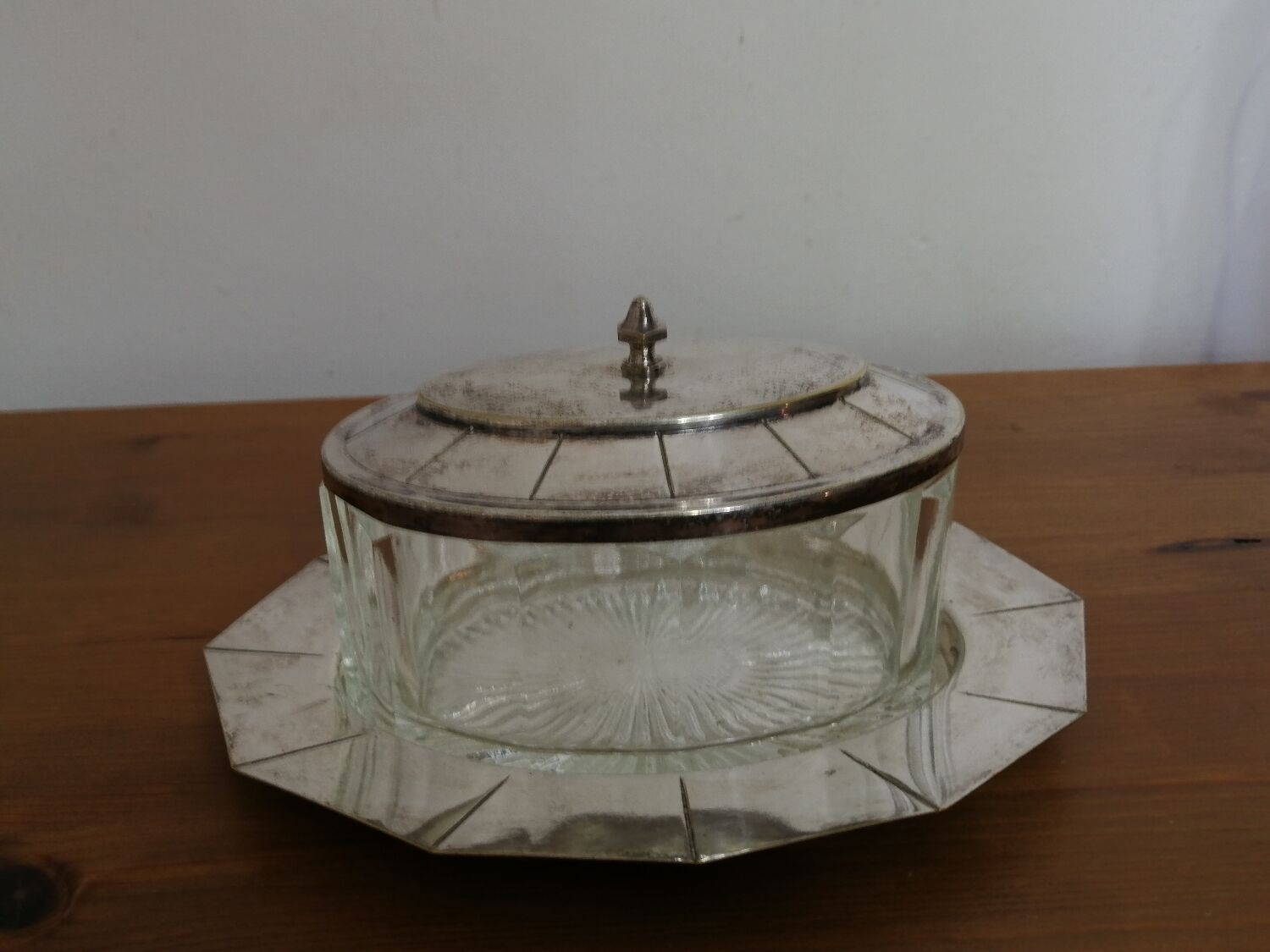 Glass sugar on art deco silver tray