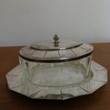 Glass sugar on art deco silver tray