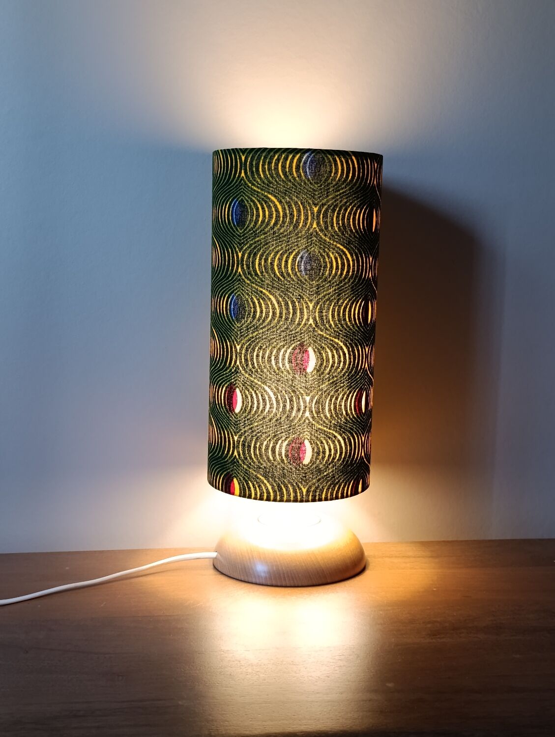 solid wood Scandinavian base lamp, hypnotic printed lampshade
