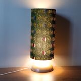 solid wood Scandinavian base lamp, hypnotic printed lampshade