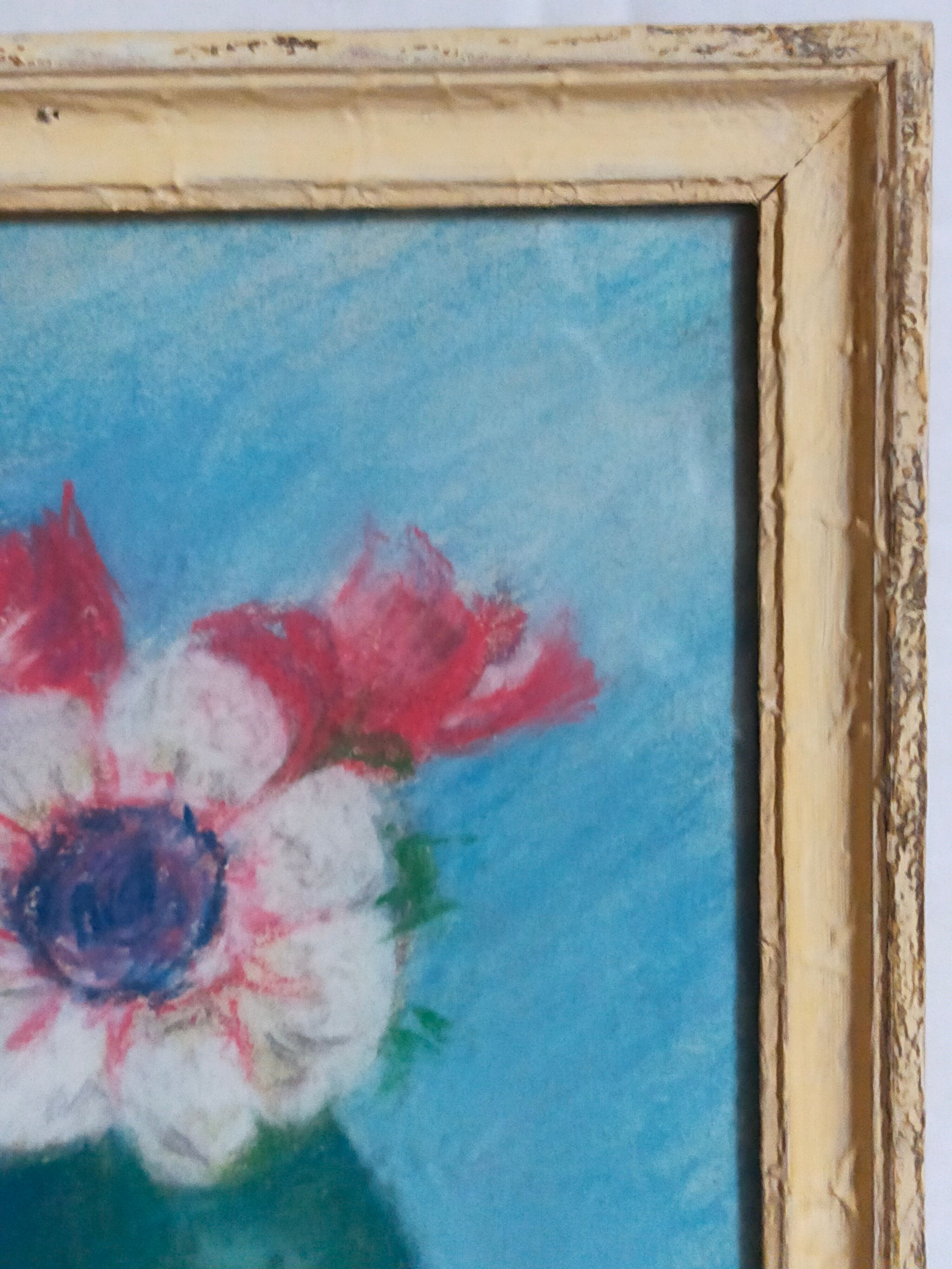 Pastel encadré "Les anémones" vintage