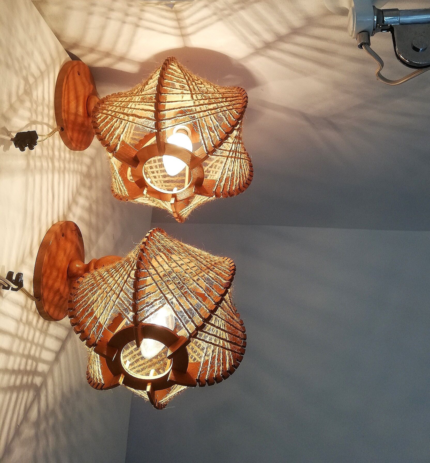 Pair of wooden wood straw wall sconce lamps rustic vintage France