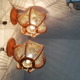 Pair of wooden wood straw wall sconce lamps rustic vintage France