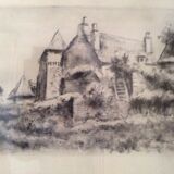 Tableau ancien paysage de campagne