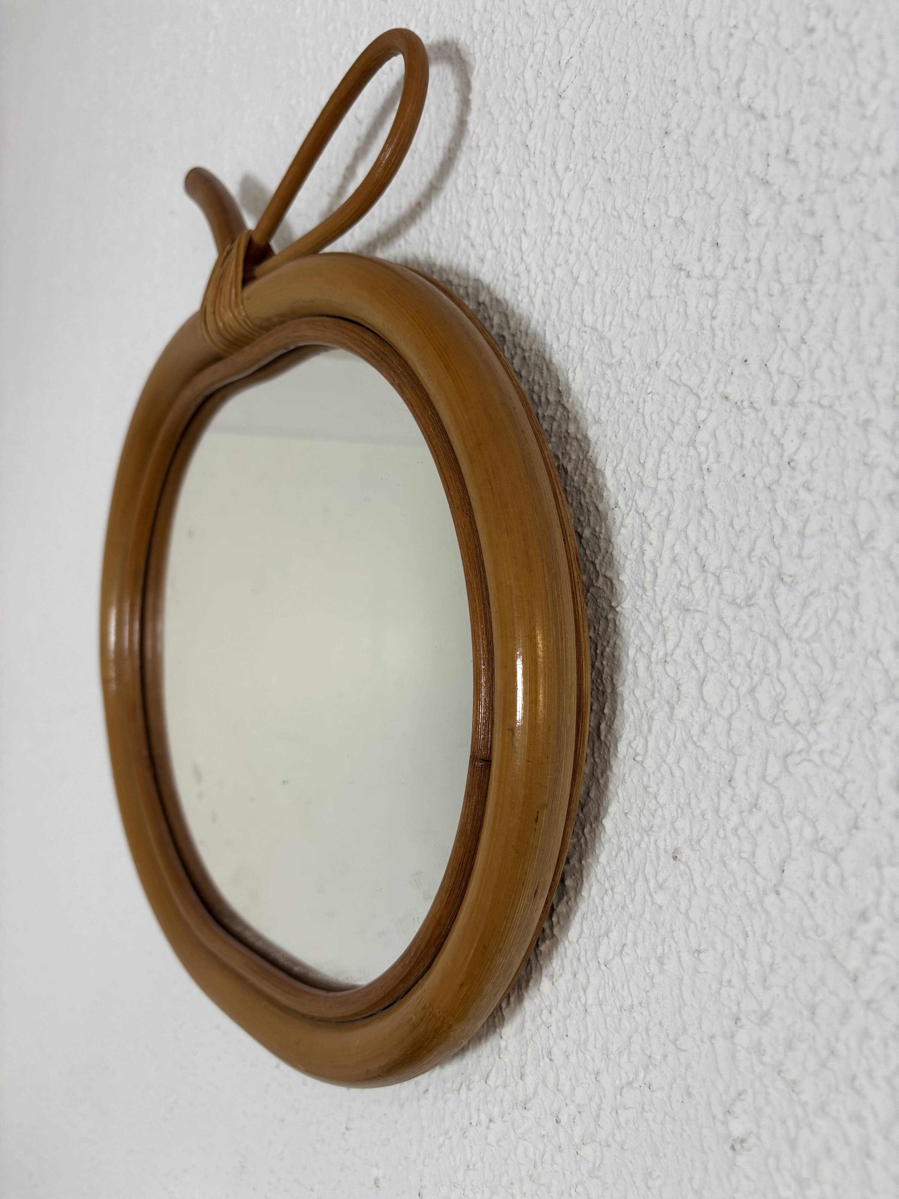 Vintage mirror 1960 apple rattan wicker bamboo - 32 x 33 cm