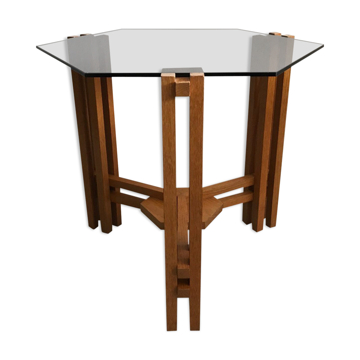 Table d’appoint moderniste néerlandaise en bois et en verre hexagonale des années 1960